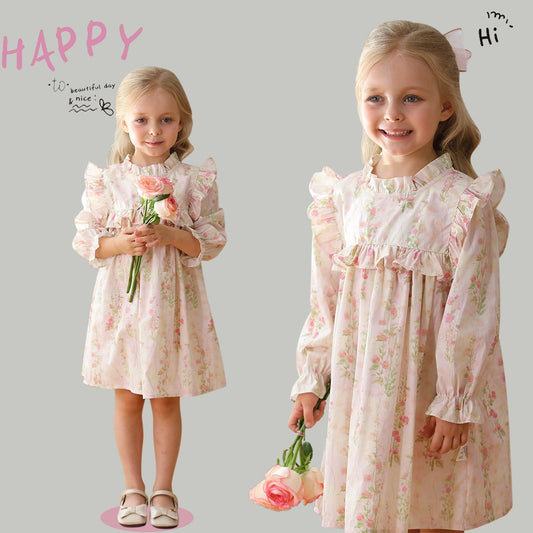 Vestido de otoño con volantes y mangas largas con estampado floral para niñas estilo francés 