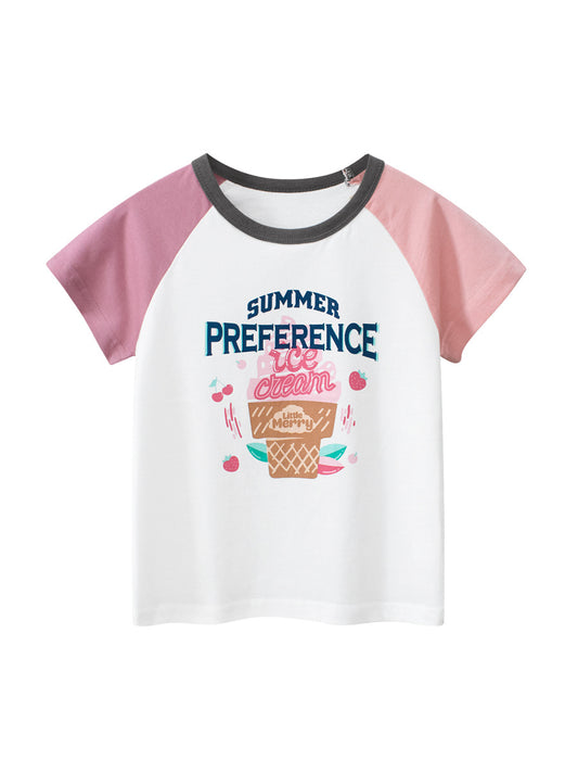 Ice-Cream Cartoon Print Girls’ T-Shirt In European And American Style For Summer