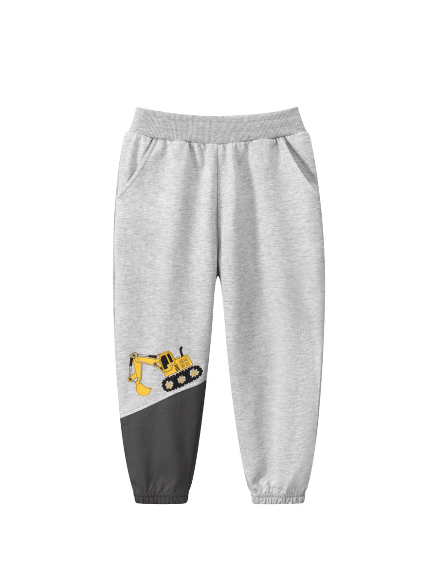 Children Boys Excavator Descending Cartoon Sports Trousers With Pockets