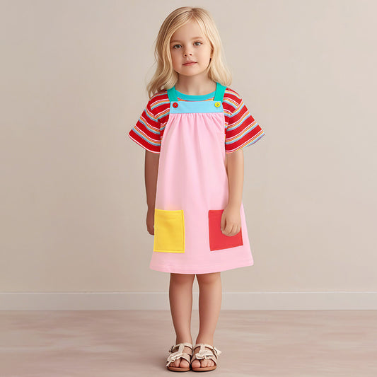 Arrival Summer Baby Girls Short Sleeves Simple Striped Top and Color Patchwork Sleeveless Dress