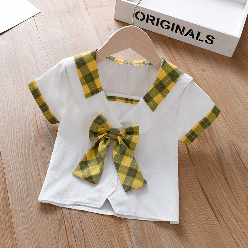 Summer New Design Baby Kids Girls Geometric Argyle Pattern Square Neck Short Sleeves Preppy Tops