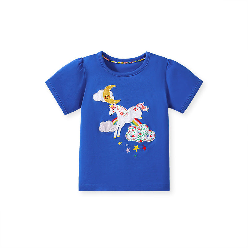 Kids’ Unicorn Cartoon Pattern Short Sleeves T-shirt in European and American Style for Summer