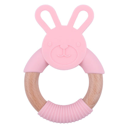 Baby Food-Grade Teething Rattle, Teething Aid for Babies, Wooden and Silicone Rabbit Teething Bracelet