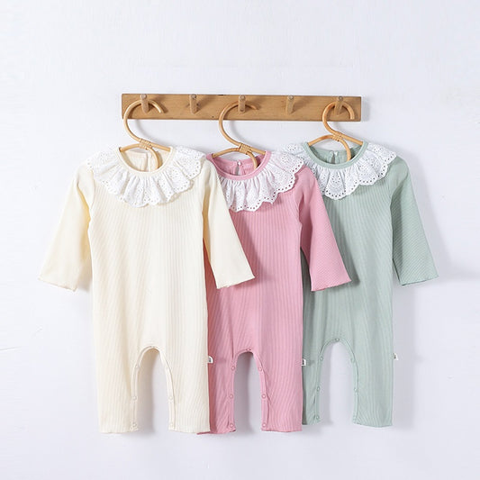 Spring New Arrival Baby Girls Long Sleeves Flowers Hollow-out Pattern Collar Rompers