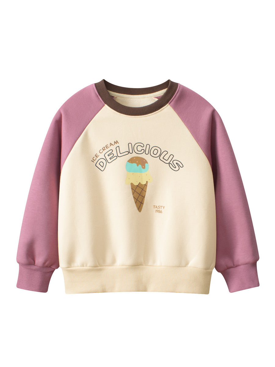 Baby Girls Kids Ice-cream and Letters Pattern Crew Neck Long Sleeves Warm Cozy Pullover