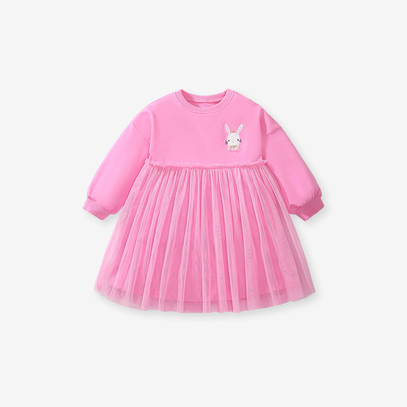 Arrival Autumn Girls Cartoon Rabbit Logo Crew Neck Long Sleeves Pink Tulle Patchwork Princess Dress