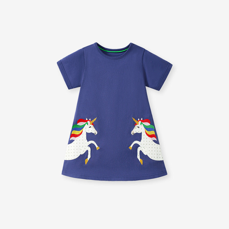 European and American Style Short Sleeve Horse Pattern Princess Dress for Girls, Summer Dress for Toddlers and Young Children