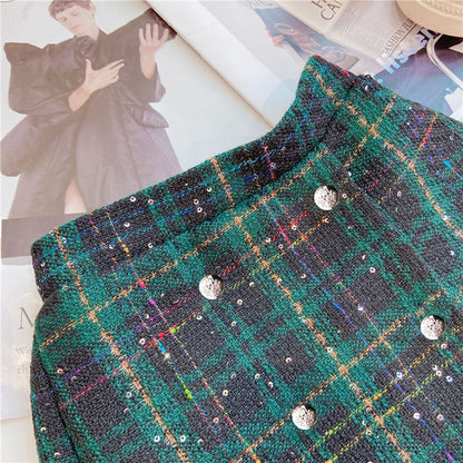 Girls Dark Green Plaid With Dots Open Front Cardigan&Skirt Preppy Suits