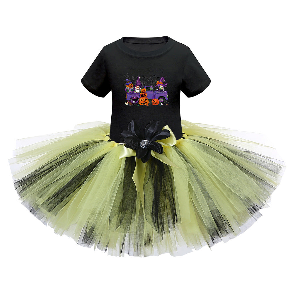 Arrival Girls’ Halloween Costume: Short Sleeves Cartoon Print Witches Cosplay Party Tulle Patchwork Dress