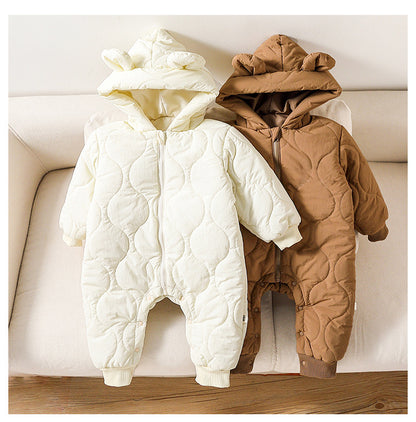 Autumn and Winter New Arrival Baby Unisex Solid Color Hooded Cozy Long Sleeves Casual Thickened Rompers