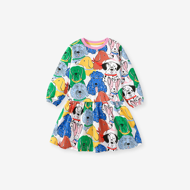 Nuevo diseño de vestido con estampado de perros coloridos y vivos para niñas de otoño 