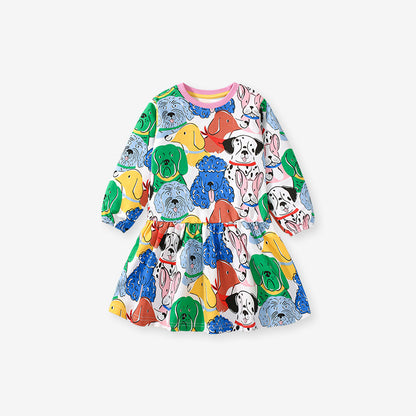 Nuevo diseño de vestido con estampado de perros coloridos y vivos para niñas de otoño 