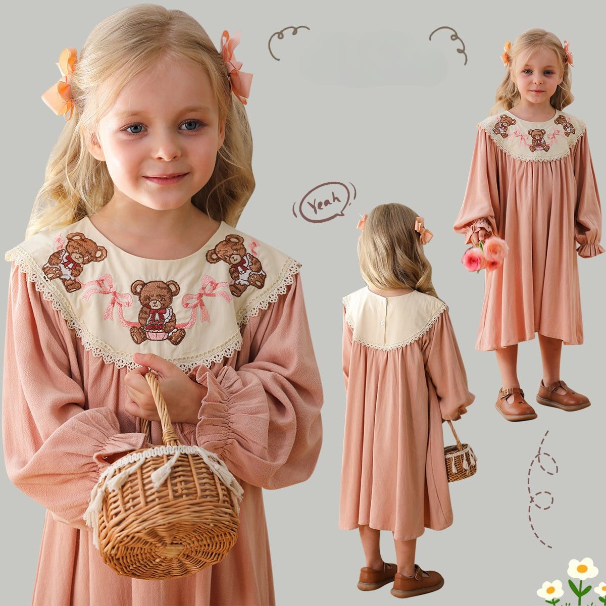 Arrival Autumn Girls Pink Long Sleeves Dress with Teddy Embroidery Collar