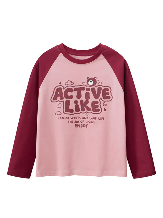 Spring Arrival Kids Girls Letters Print Crew Neck Long Sleeves Color Patchwork Top