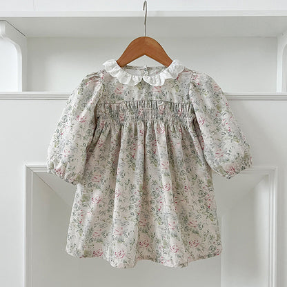 Conjunto de otoño para niñas y bebés, mono y vestido con cuello francés y estampado floral verde claro de manga larga, conjunto a juego para princesas y hermanas 