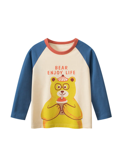 Camisa básica de cuello redondo y manga larga con estampado de osito de peluche de dibujos animados para bebés y niños de otoño 