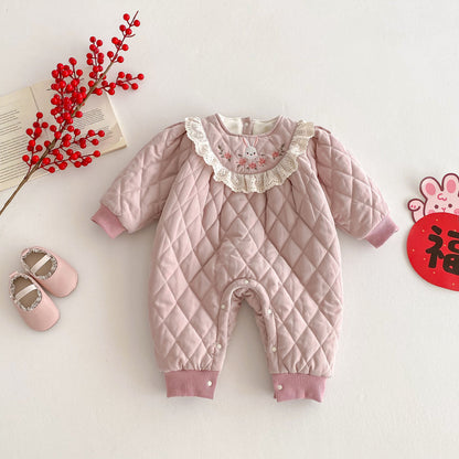 Winter Arrival Baby Girls Simple Rabbit Embroidered Pattern Warm Padded Thick Romper