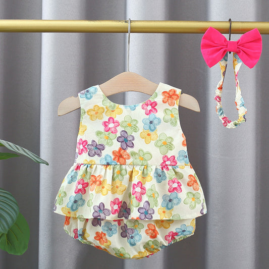 Summer Baby Kids Girls Colorful Flowers Pattern Sleeveless Top Dress And Bloomers And Hairband Clothing Set