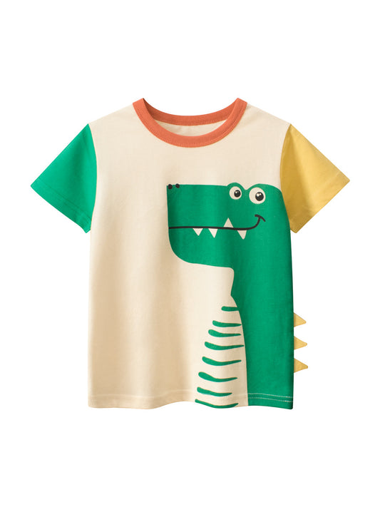 Camiseta de manga corta con estampado de dinosaurios de dibujos animados para niños, con parches de colores, en estilo europeo y americano 