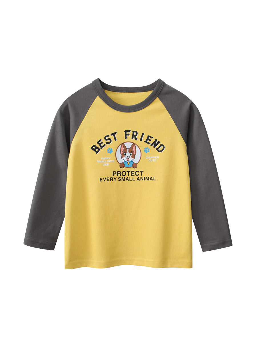 Autumn Baby Boys Letters and Puppy Print Color Patchwork Long Sleeves Crew Neck Base Top Shirt