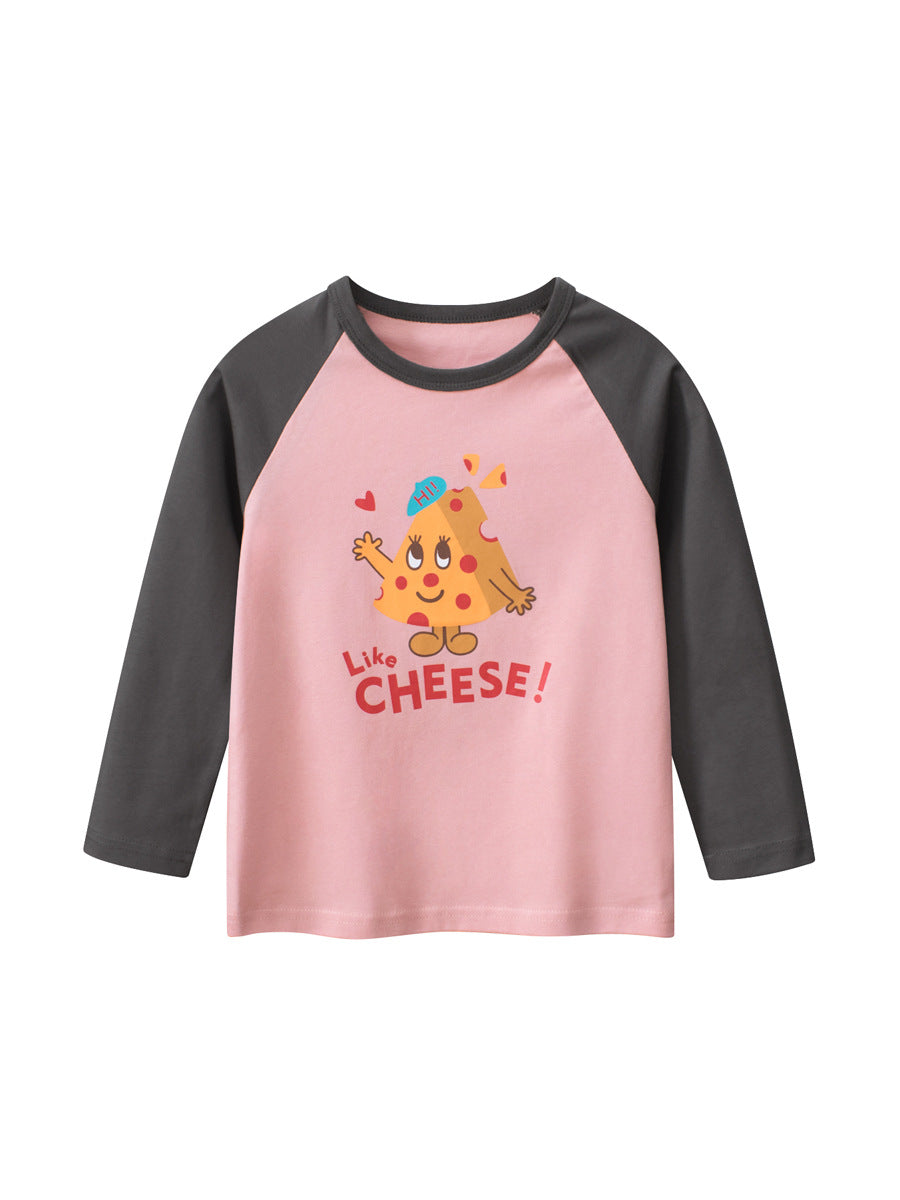 Autumn New Arrival Kids Girls Cartoon Print Crew Neck Long Sleeves Color Patchwork Shirt