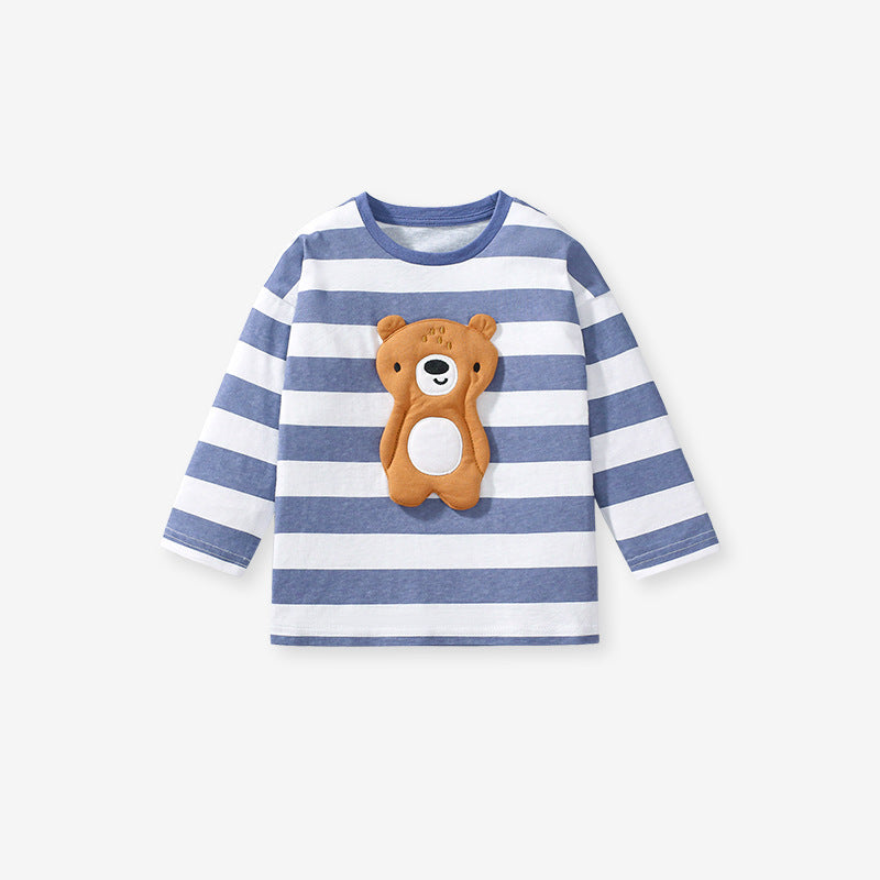 Arrival Autumn Girls’ 3D Teddy Bear Long Sleeves Striped T-shirt in European and American Style