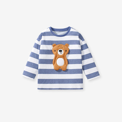 Arrival Autumn Girls’ 3D Teddy Bear Long Sleeves Striped T-shirt in European and American Style