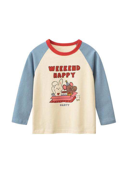 Autumn New Arrival Kids Girls Cartoon Print Crew Neck Long Sleeves Color Patchwork Shirt