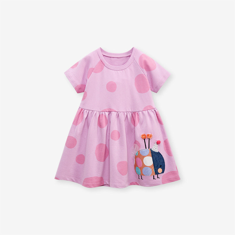 Spring And Summer Baby Girls Short Sleeves Polka Dots Ladybird Pattern Dress