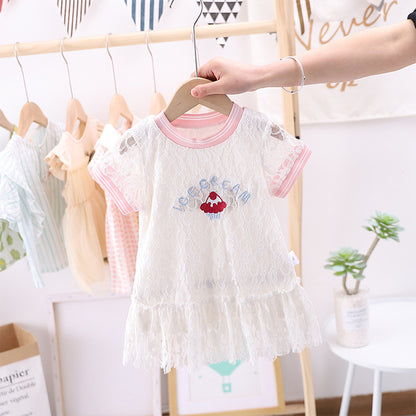 Summer Baby Girls Hot Selling Fashion Short Sleeves Lace Design Ice-Cream Pattern Dress