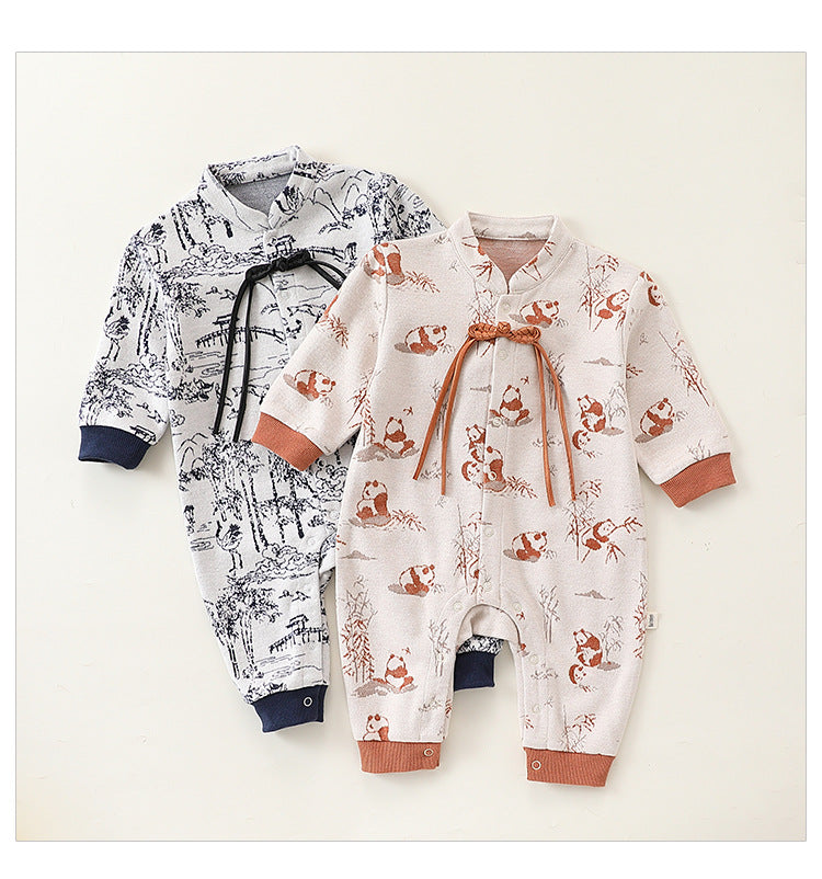 Autumn and Spring New Arrival Baby Unisex Chinese Painting Pattern Long Sleeves Stand Collar Single Breasted Rompers