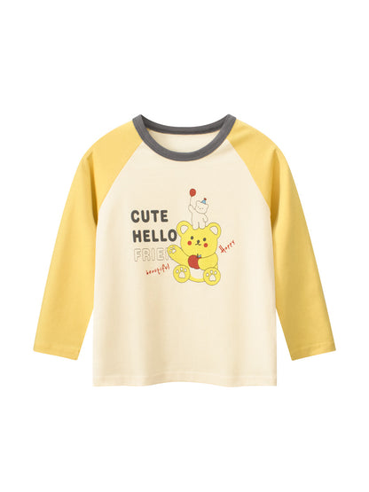 Autumn New Arrival Kids Girls Cartoon Print Crew Neck Long Sleeves Color Patchwork Shirt