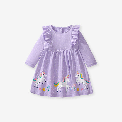 Design Autumn Girls Unicorn Cartoon And Dots Pattern Crew Neck Long Sleeves Princess Dress