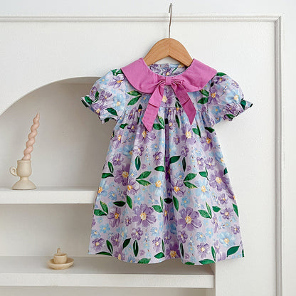 New Arrival Summer Girls Floral Print Short Sleeves Bow Design Collar Dress