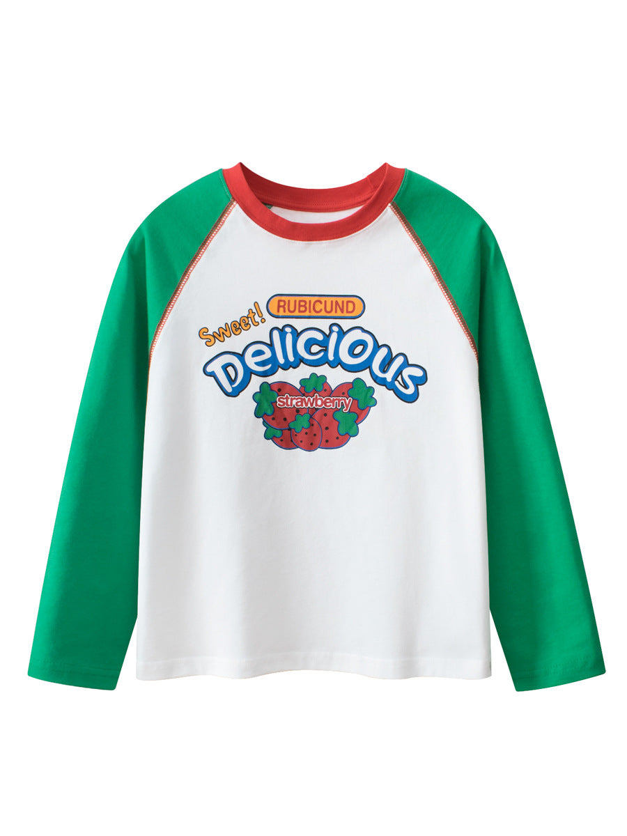 Autumn New Arrival Kids Strawberry Print Crew Neck Long Sleeves Color Patchwork Sweatshirt