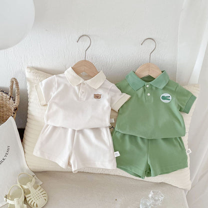 Summer Baby Kids Boys Alligator Logo Polo Top And Solid Color Shorts Casual Clothing Set