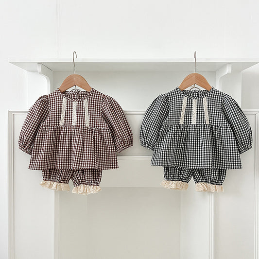 New Arrival Autumn Baby Kids Girls Long Sleeves Plaid Top and Bloomers – Princess Sister Matching Set