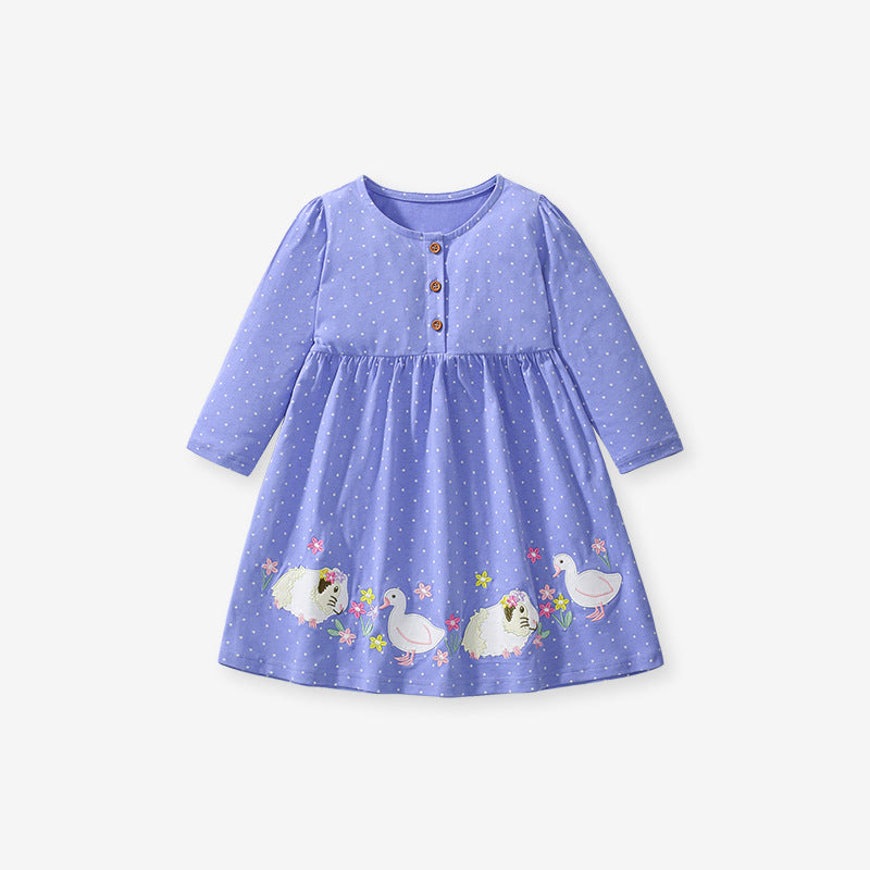 Arrival Autumn Girls Goose and Rabbit Embroidery Pattern Long Sleeves Dress