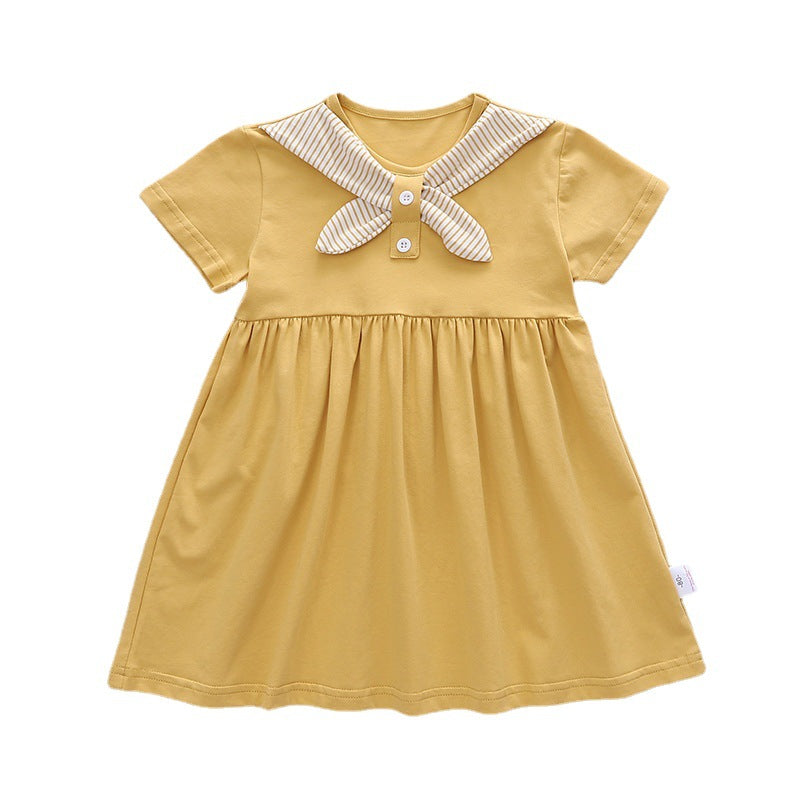 Summer Baby Kids Girls New Design Short Sleeves Preppy Crew Neck Dress