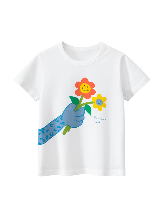 Flowers Cartoon Print Girls’ T-Shirt In European And American Style For Summer