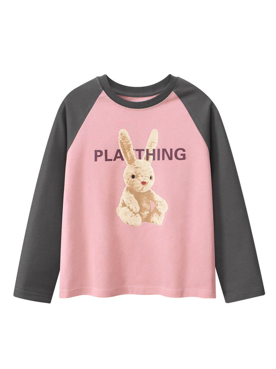 Spring Arrival Kids Girls Cartoon Print Crew Neck Long Sleeves Color Patchwork Top