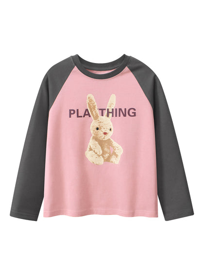 Spring Arrival Kids Girls Cartoon Print Crew Neck Long Sleeves Color Patchwork Top