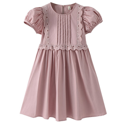 Hot Selling Summer Kids Girls Simple Style Solid Color Plain Cotton Short Sleeves Hollow Out Trim Dress