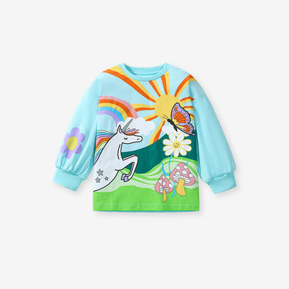 Arrival Autumn Girls’ Vivid Unicorn Cartoon Long Sleeves T-shirt in European and American Style