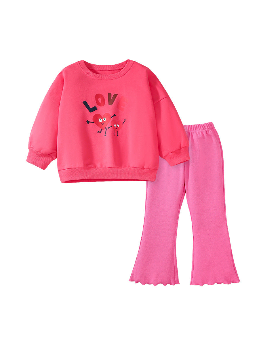 Spring And Autumn Girls Cute Cartoon Heart And Letters Pattern Long Sleeves Top Sweatshirt And Pants Clothing Set