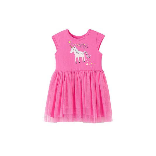 Summer Pure Cotton Cartoon Unicorn Pattern Sleeveless Dress for Stylish Girls