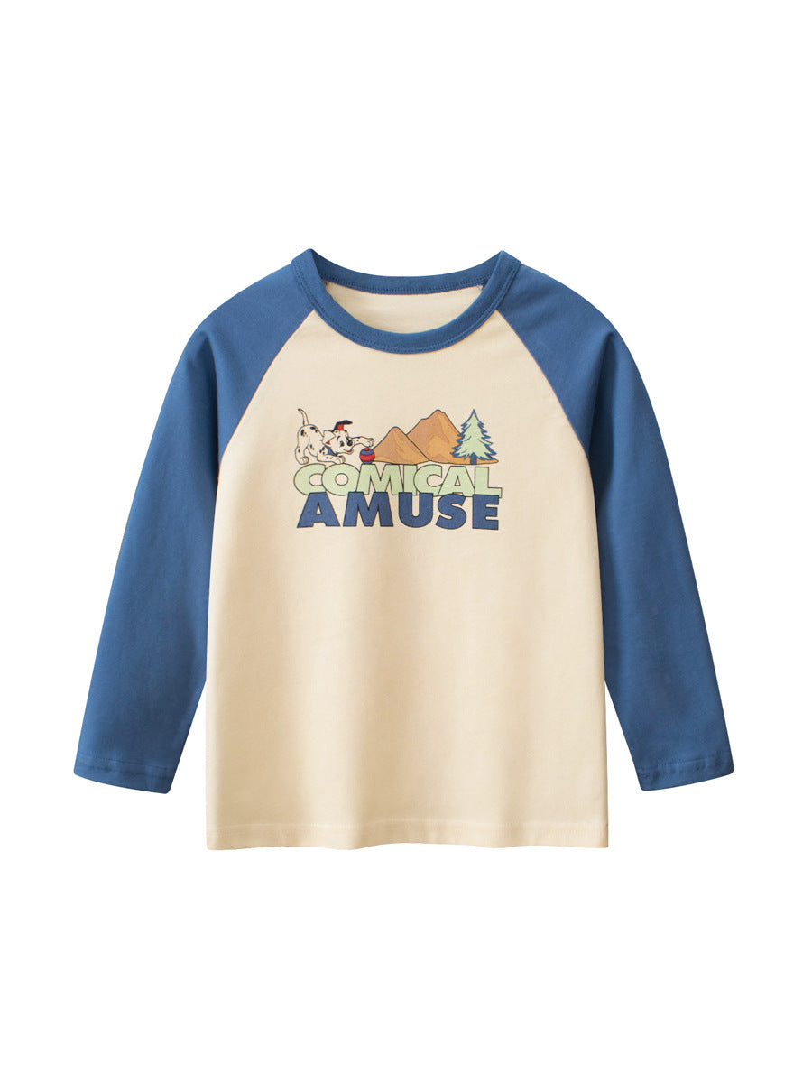 Autumn Baby Boys Letters and Puppy Print Color Patchwork Long Sleeves Crew Neck Base Top Shirt