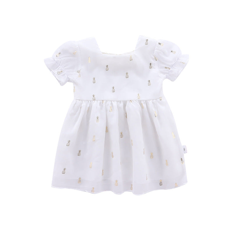 Summer Baby Kids Girls Short Sleeves Square Neck Pineapples Pattern Dress