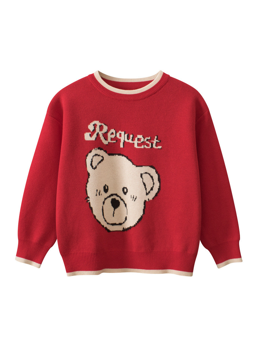 Autumn New Arrival Baby Girls Kids Cute Teddy Bear Pattern Crew Neck Long Sleeves Knitted Sweatshirt Pullover