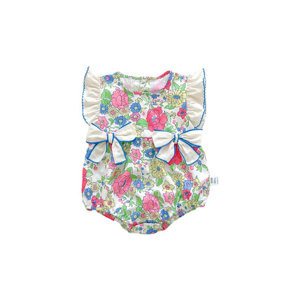 Summer New Arrival Baby Girls Floral Pattern Fly Sleeves 3D Bows Onesies